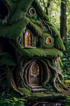 a small house with moss growing on it's roof in the middle of a forest