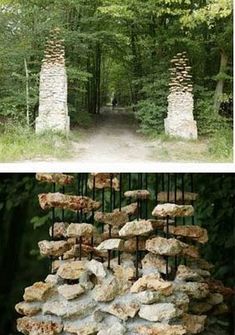 there are two pictures with rocks stacked on top of each other in the same place