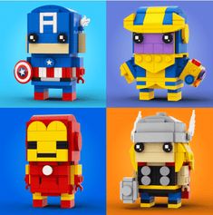 four different legos made to look like superheros