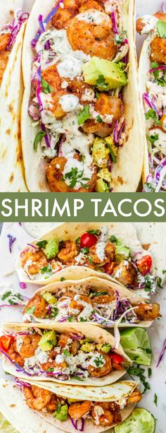 shrimp tacos with lettuce and tomatoes on top