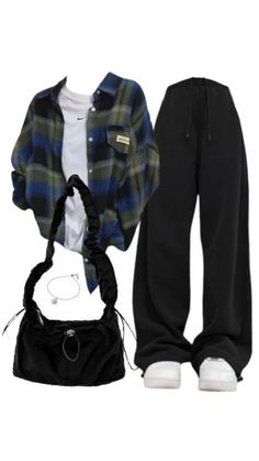 Baggy Outfit Inspiration, Skirt With Long Sleeve Shirt Outfit, Baggy Clothes Outfit Korean, Black Baggy Sweatpants Outfit, 90s Sweatpants Outfit, Styling Black Sweatpants, Outfit Ideas Baggy Clothes, Baggy Pants Outfit Women, Shirt To Bag