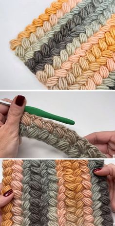 two pictures showing how to crochet with yarn