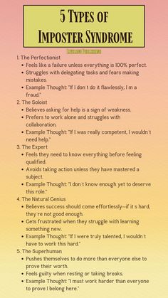 the 5 types of imposter syndrome info sheet with text overlaying it