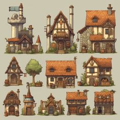 a set of cartoon houses with different types of roofs and windows, all in different styles