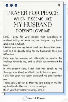 a prayer card with the words, prayer for peace when it seems like my husband doesn't love me