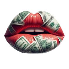 a woman's lips with money wrapped around them in red and white lipstick liners