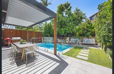 a backyard with a pool and patio furniture