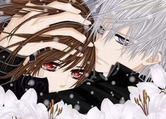 two anime characters with long hair and red eyes are kissing in the snow surrounded by white flowers