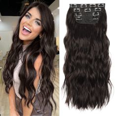 PRICES MAY VARY. 【Fashion Hair Extension】Each package includes 4pcs hair extensions:1 piece of 7 inches wide 4 clips in weft;1 piece of 6 inches wide 3 clips in weft;2 pieces of 5 inches wide 2 clips in wefts.(This weight is within people tolerance.If you feel it’s too heavy.You can reduce the number of pieces you wear.Or you can trim the length to reduce the weight). 【After Wearing Effect】It can make your hair look very real like your own hair. And this Hair Extension can make your hair look lo Black With Blonde, Hair Extensions Dark Brown, Black With Blonde Highlights, 22 Inch Hair Extensions, Dark Brown Hair Extensions, Hair Extensions Black, Hair Extensions Long, Brown Hair Extensions, Black Wavy Hair