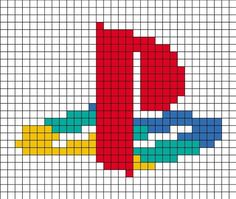 a cross stitch pattern with the letter t in red, yellow, and blue colors