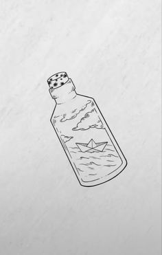 a drawing of a bottle with a paper boat floating in the water on top of it