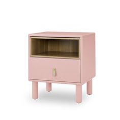 a pink nightstand with an open drawer on the bottom and one door in the middle