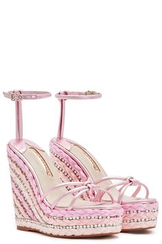 Sophia Webster alina crystal espadrille in rosa metallic. 140mm 100% Leather Upper 100% Rubber Sole Made in Spain Luxury Elegant Pink Wedge Sandals, Cute Shoes Heels, Girly Shoes, Shoe Inspo, Aesthetic Shoes, Sophia Webster, Swag Shoes, Look Vintage, Pretty Shoes