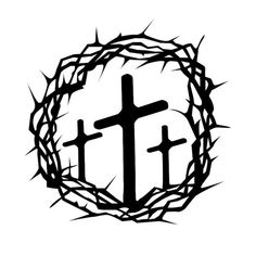 three crosses in a crown of thorns with the word jesus on it's side