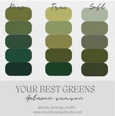 True Autumn Greens, Fall Color Pallet, Colour Season, Autumn Skin, Color Seasons