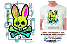 a t - shirt with a skull and crossbones on the front, and an image of a bunny wearing a bow tie