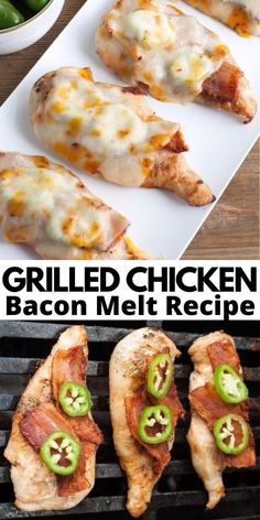 grilled chicken and bacon melt recipe on the grill with jalapenos, green peppers