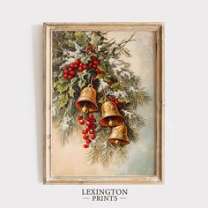 a painting with bells hanging from it's side and holly on the other side