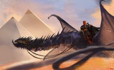 a man riding on the back of a giant dragon next to a pyramid in egypt