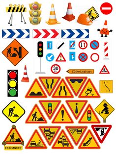 various road signs and traffic lights are arranged on a white background, including one for safety