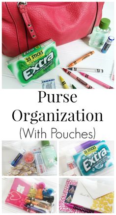 purse organization with pouches, pens, and other personal care items on the table