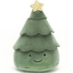 a small green stuffed christmas tree with a gold star on it's top, sitting in front of a white background