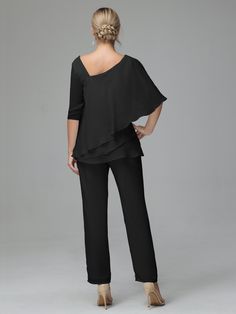 Half Sleeves Chiffon Mother Of The Bride Dress Pant Suits Party Georgette V-neck Sets, Elegant Black Chiffon Set, V-neck Party Sets In Georgette, Summer Evening V-neck Set, Spring Evening V-neck Sets, Spring Evening Sets With V-neck, Elegant V-neck Party Sets, Elegant V-neck Evening Set, Elegant Chiffon Set For Evening