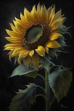 a painting of a sunflower on a black background