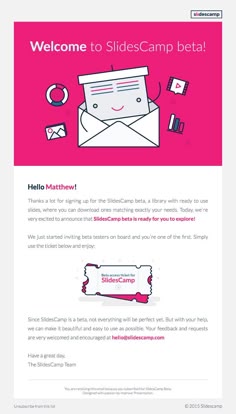 an email form with the message welcome to slidescapep beta on it and a pink background