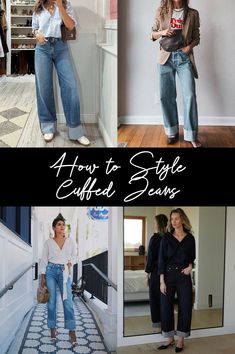 Jeans With Cuffed Bottoms, Cuffed Pants Outfit Woman, Stovepipe Cuffed Jeans Outfit, High Cuffed Jeans Outfit, How To Cuff Flare Jeans, Cuff Wide Leg Jeans, How To Wear Cuffed Jeans, Cuffing Wide Leg Jeans, How To Style Wide Leg Cuffed Jeans