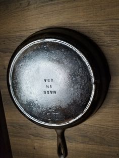 an old frying pan with the words never in oven written on it's side