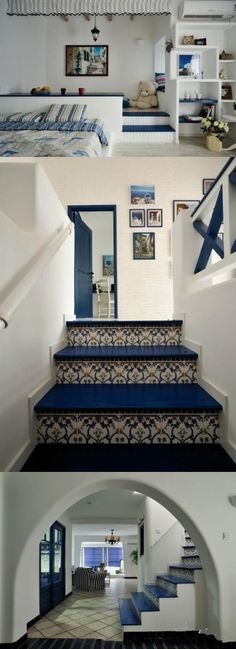 there are two pictures of the same room in this house, and one has stairs leading up to the second floor