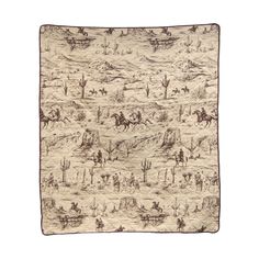 a blanket with horses and people in the desert, on a white background that is drawn by hand