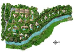 an aerial view of a park with a river running through it and lots of trees