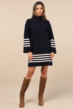 The Lulus Comfiest Cutie Navy Striped Mock Neck Mini Sweater Dress is the perfect OOTD for chillier days! Soft medium-weight sweater knit shapes this effortless dress with a mock neckline framed by wide, long sleeves with drop shoulders. The relaxed bodice continues into a comfy shift silhouette that falls to a cute mini hem. A contrasting ivory striped design adorns the sleeves and hem, while ribbed knit accents the neckline, cuffs, and hem. Fit: This garment fits true to size. Length: Mid-thig Long Sleeve Winter Dress With Ribbed Cuffs, Winter Long Sleeve Dress With Ribbed Cuffs, Long Sleeve Jacquard Knit Sweater Dress For Fall, Knit Dresses For Daywear In Winter, Fall Jacquard Knit Long Sleeve Sweater Dress, Knit Dresses For Winter Daywear, Rugby Stripe, Mini Sweater, Striped Sweater Dress