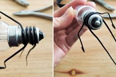 two pictures of a light bulb being made out of wire and some screwdrivers