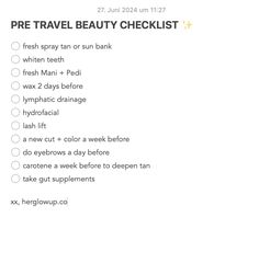 a checklist is shown with the words pre travel beauty checklist