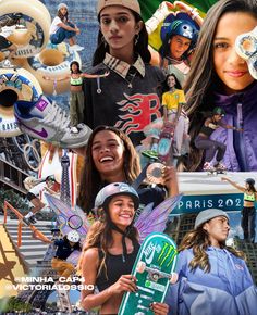 a collage of people with skateboards and other sports related items in the background