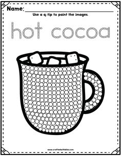 a coloring page with the words hot cocoa in black and white, on top of a mug