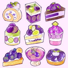 a drawing of different types of cakes and desserts