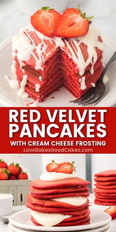 Red Velvet Pancakes pin collage Red Velvet Pancake, Red Velvet Pancakes, Make Breakfast, Cream Cheese Frosting Recipe, Valentines Day Food, Fruit Breakfast, Fluffy Pancakes