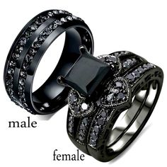 two black wedding rings with diamonds on each one and the words male, female, and third