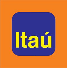 an orange and blue square with the word itau written in yellow letters on top