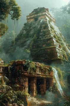 an artistic painting of a pyramid in the jungle