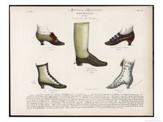 Selection of Victorian Shoes and Boots for Men and Women Giclee Print by La Moniteur at eu.art.com Steampunk Dresses, Historic Women, Footwear Inspiration, Antique Shoes, Steampunk Boots, Century Shoes, Historical Shoes, Victorian Shoes, Victorian Boots