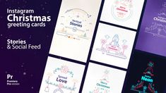 four christmas greeting cards are displayed on a purple background