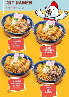 the menu for ramen is shown in four different colors and styles, including chicken, noodles