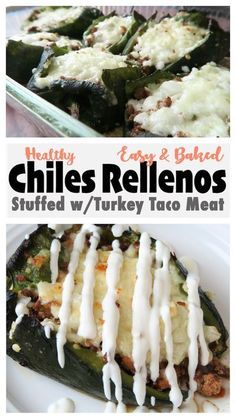 grilled stuffed green peppers with cheese drizzled over them and the title reads healthy egg and bird chiles rellenos stuffed w / turkey taco meat