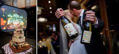 two pictures of a man and woman holding wine bottles in front of a wedding cake