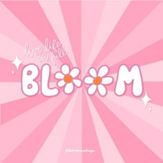 the word bloom is written in white letters on a pink background with sunbursts